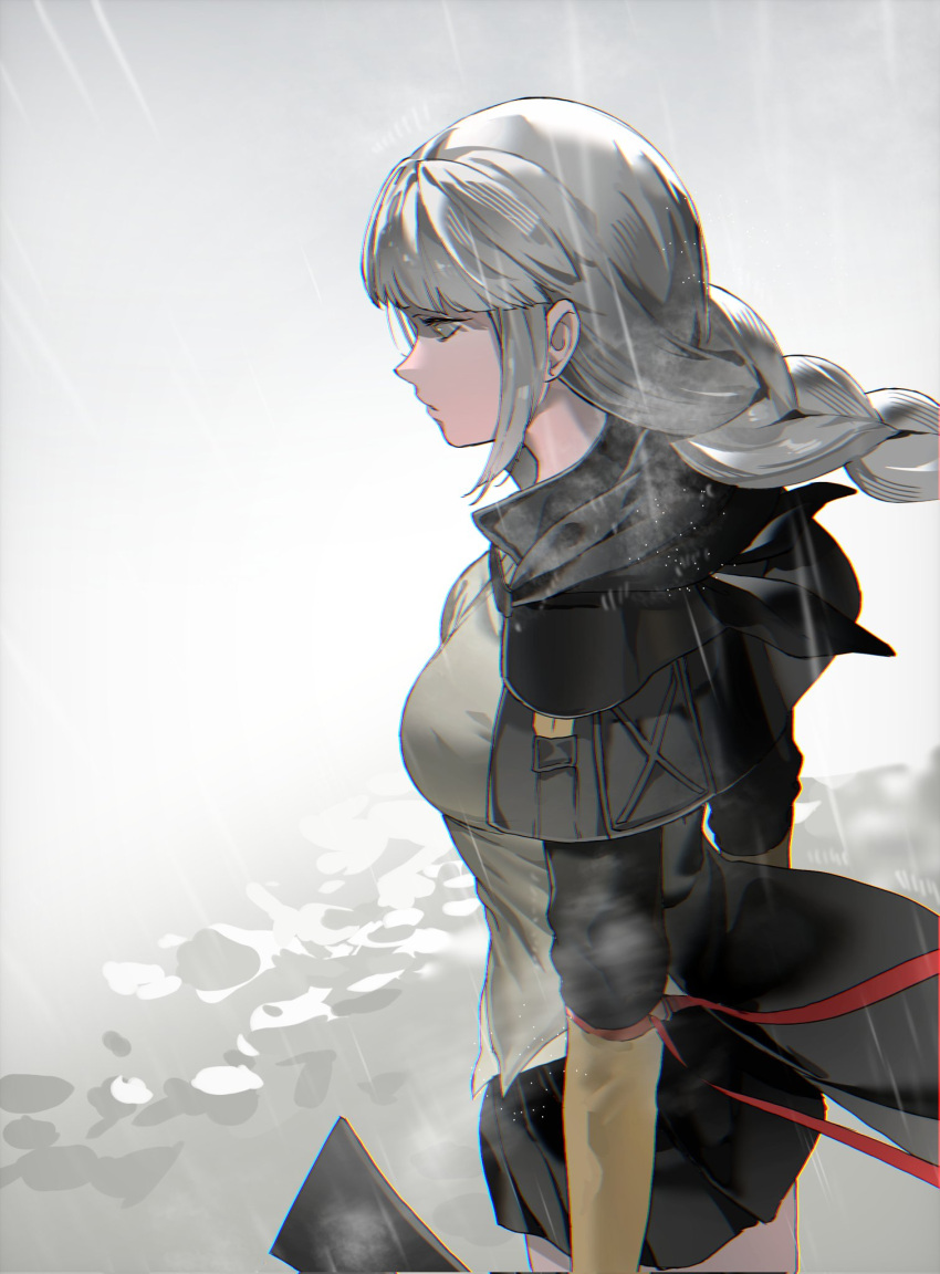 1girl assault_rifle black_jacket black_skirt from_side girls'_frontline green_shirt grey_hair gun highres jacket m16 m16a1 m16a1_(girls'_frontline) rain rifle sad shirt skirt solo weapon yongsadragon