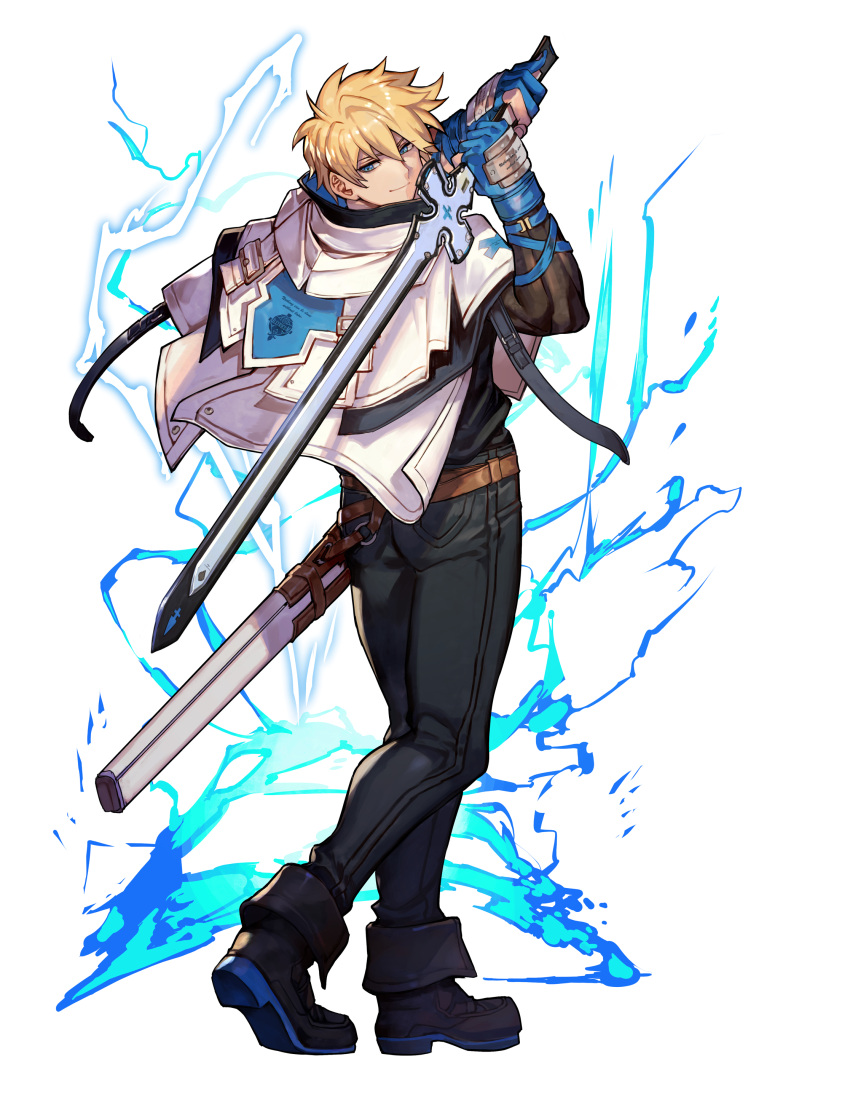 1boy absurdres belt black_shirt blonde_hair blue_eyes blue_gloves full_body gloves guilty_gear guilty_gear_strive highres holding holding_sword holding_weapon hungry_clicker jacket jacket_on_shoulders ky_kiske lightning male_focus pants partially_fingerless_gloves sheath shirt short_hair simple_background solo standing sword weapon white_background white_jacket