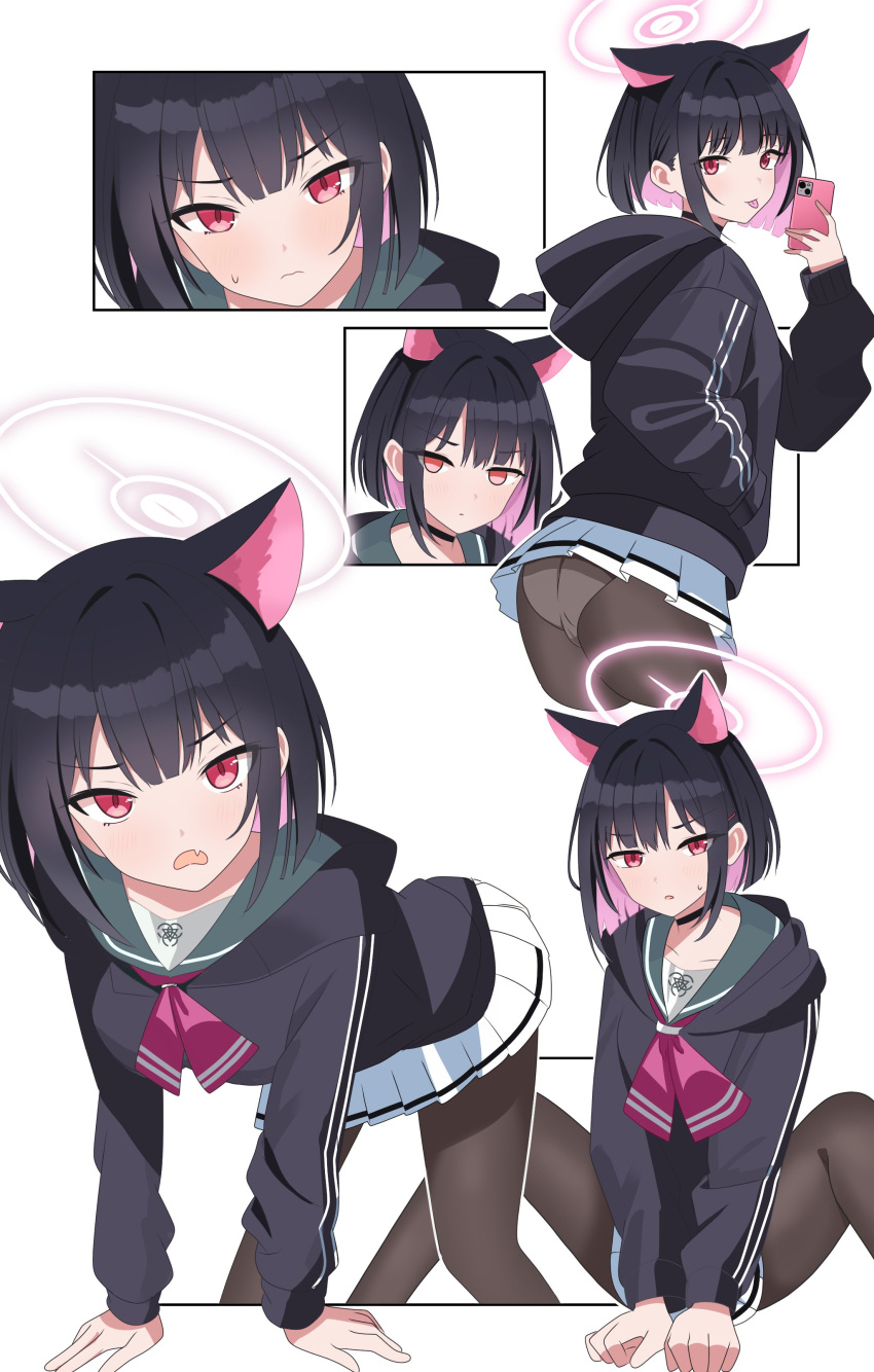 1girl absurdres all_fours animal_ears aventador black_choker black_hair black_jacket black_pantyhose blue_archive cat_ears cat_girl choker closed_mouth collarbone colored_inner_hair commentary_request extra_ears fang green_sailor_collar halo hand_in_pocket highres holding holding_phone hood hood_down hooded_jacket jacket kazusa_(blue_archive) long_sleeves looking_at_viewer m_legs miniskirt multicolored_hair multiple_views neckerchief open_mouth panties panties_under_pantyhose pantyhose phone pink_hair pink_halo pink_neckerchief pleated_skirt puffy_long_sleeves puffy_sleeves red_eyes sailor_collar short_hair simple_background skin_fang skirt solo tongue tongue_out underwear upper_body v-shaped_eyebrows white_background white_skirt