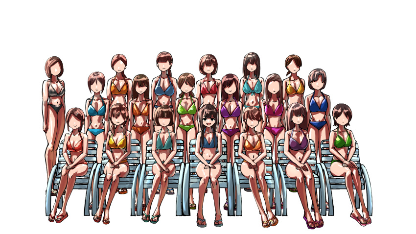 6+girls alternate_costume bikini black_eyes blue_bikini breasts brown_hair chair chirijiri_(synthesizer_v) cleavage commentary_request empty_eyes faceless faceless_female flip-flops group_picture hair_over_shoulder hands_on_own_hips highres jaggy_lines large_breasts long_hair looking_at_viewer lounge_chair low_twintails medium_breasts multiple_girls no_socks on_chair open_mouth parody sandals sannso5482 short_hair sitting smile solo_focus standing style_parody swimsuit synthesizer_v transparent_background twintails