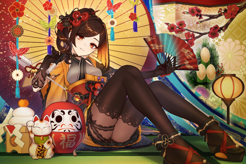 1girl black_gloves brown_hair chiori_(genshin_impact) genshin_impact gloves grey_kimono hair_ornament head_tilt highres holding japanese_clothes kimono lace_trim long_hair long_sleeves looking_at_viewer multicolored_hair obi pantyhose red_eyes sash side_ponytail sidelocks sitting smile solo two-tone_hair w10yu1i118yw