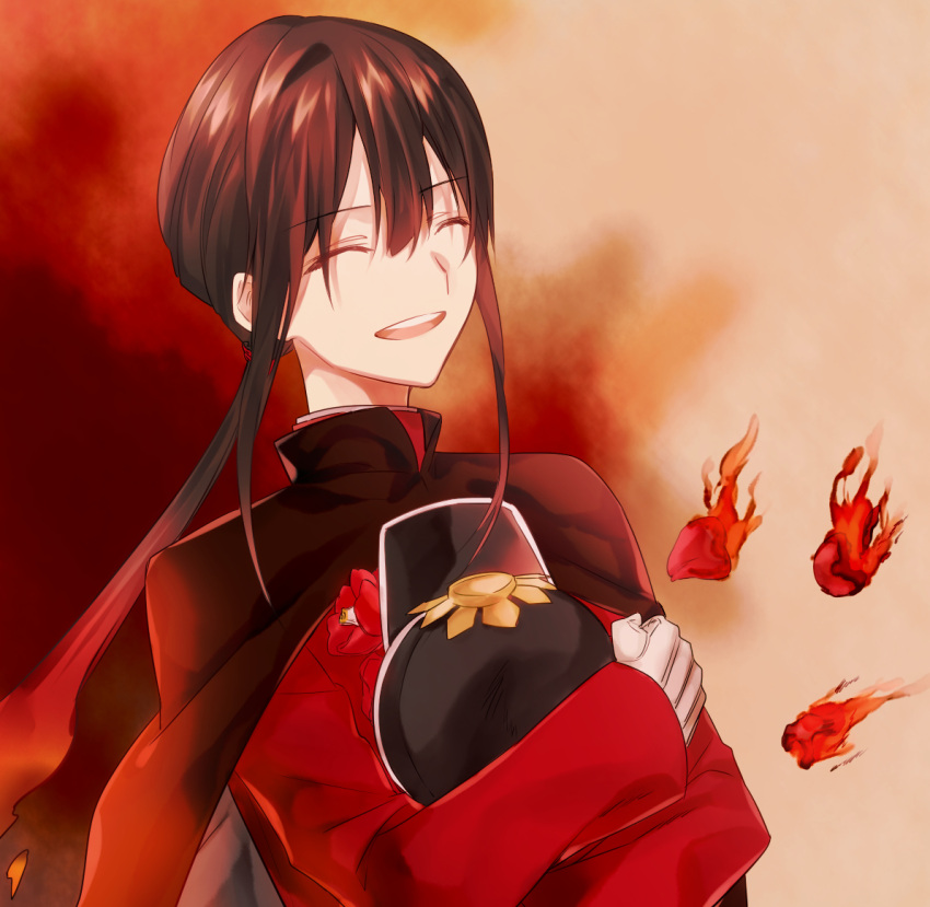 1boy black_cape cape closed_eyes facing_to_the_side family_crest fate/grand_order fate_(series) fiery_hair fire gloves hat holding holding_clothes holding_hat low_ponytail military_hat oda_nobukatsu_(fate) oda_uri open_mouth otoko_no_ko ponytail red_background red_shirt shako_cap shirt smile solo teeth upper_body upper_teeth_only wakayama_kyuuaka