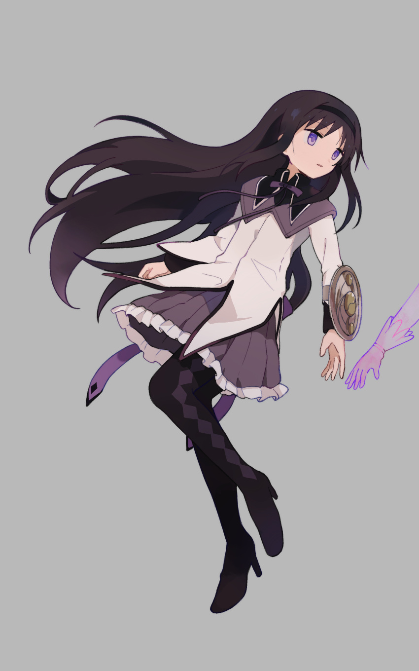 2girls absurdres akemi_homura argyle argyle_legwear black_hair black_hairband grey_background hairband highres long_hair looking_at_another looking_to_the_side magical_girl mahou_shoujo_madoka_magica mahou_shoujo_madoka_magica_(anime) multiple_girls purple_eyes purple_skirt shield simple_background skirt solo_focus toukashi_(2tou9)