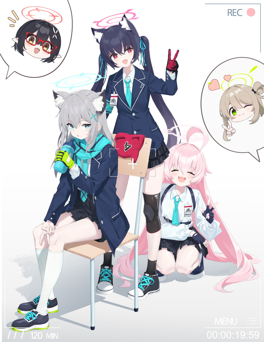 2t_(vmyz7342) 5girls :d absurdres ahoge animal_ear_fluff animal_ear_headwear animal_ears ankle_socks aqua_necktie aqua_ribbon aqua_scarf armband ayane_(blue_archive) badge balaclava black_gloves black_hair black_skirt black_socks blazer blonde_hair blue_archive blue_eyes blue_footwear blue_halo blue_jacket blush bottle brown_eyes cat_ears chair chibi chibi_inset closed_eyes closed_mouth collared_shirt cross_hair_ornament crossed_bangs disembodied_limb extra_ears fang glasses gloves green_eyes green_gloves green_halo grey_hair hair_between_eyes hair_bun hair_ornament hair_ribbon halo heart highres holding holding_bottle hoshino_(blue_archive) jacket knee_pads kneehighs long_hair long_sleeves looking_at_viewer medium_hair mismatched_pupils multicolored_clothes multicolored_gloves multiple_girls necktie nonomi_(blue_archive) one_eye_closed open_clothes open_jacket open_mouth pink_hair pink_halo plaid plaid_skirt pleated_skirt pointy_ears recording red-framed_eyewear red_eyes red_gloves red_halo ribbon scarf school_chair school_uniform serika_(blue_archive) shadow shiroko_(blue_archive) shirt shoes short_hair sidelocks simple_background single_knee_pad sitting skirt smile socks spoken_character squatting standing thighs twintails v very_long_hair viewfinder white_background white_shirt white_socks wing_collar wolf_ears