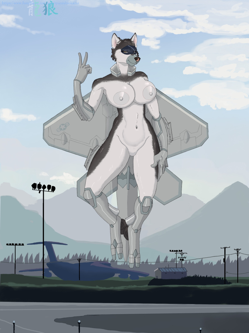 3:4 aerofur aircraft aircraft_humanoid airplane airplane_humanoid airport anthro biomechanical cybernetic_limb eyewear f-22 f-22_raptor female flying gesture glasses goggles goggles_on_face hi_res jet living_aircraft living_airplane living_machine living_vehicle looking_at_viewer machine ryunishi_okami solo v_sign vehicle wearing_goggles
