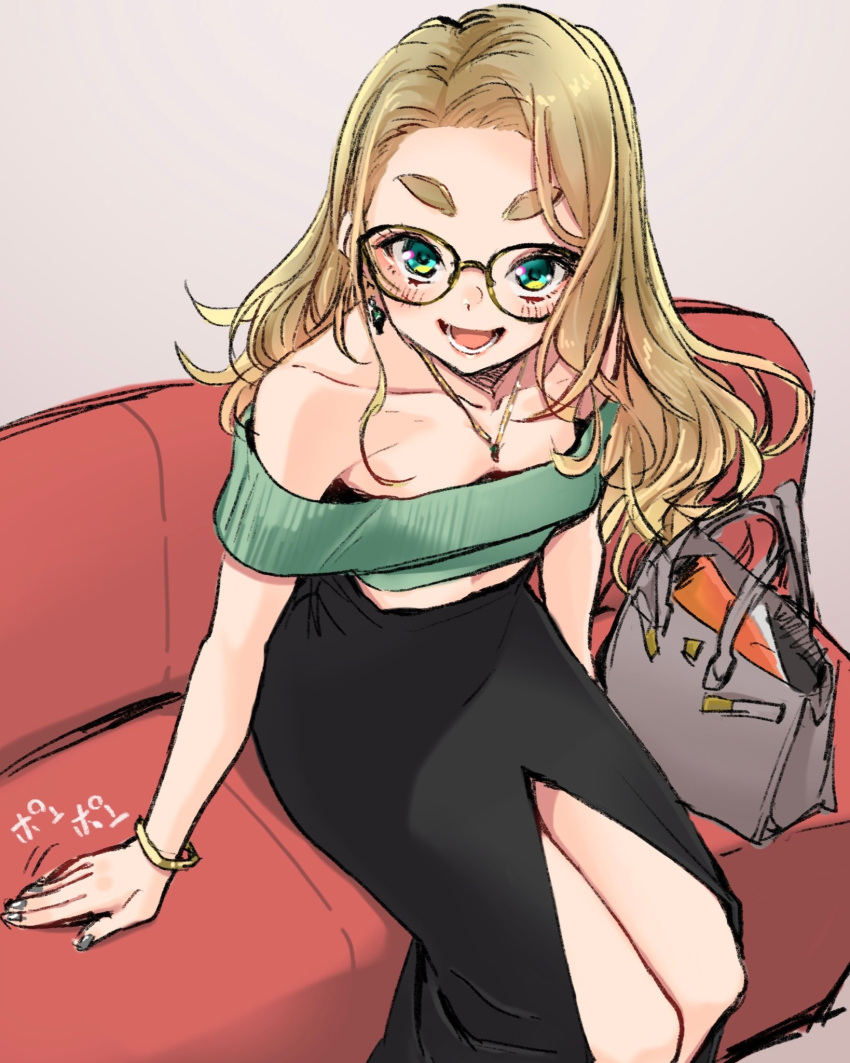 1girl bag bare_shoulders black_skirt blonde_hair blush bracelet commentary_request couch dekomegane earrings green_eyes green_shirt highres jewelry long_hair looking_at_viewer necklace off-shoulder_shirt off_shoulder open_mouth original sasetsu shirt sitting sketch skirt smile solo thick_eyebrows