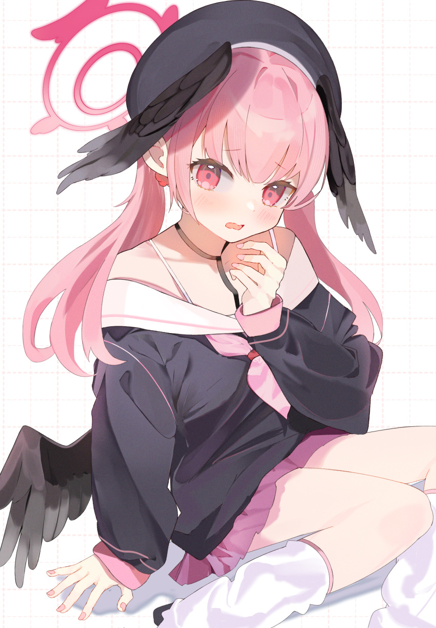 1girl absurdres beret black_headwear black_shirt black_wings blue_archive blush breasts feathered_wings halo hat head_wings highres koharu_(blue_archive) long_hair looking_at_viewer low_wings open_mouth pink_hair pink_halo pink_skirt shirt shishiodoshi skirt small_breasts socks solo twintails white_background white_socks wings