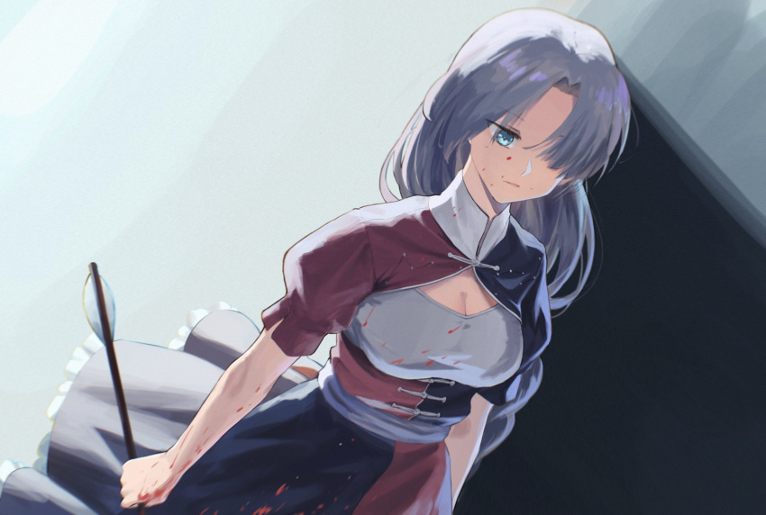 1girl arrow_(projectile) blood blood_on_clothes blood_on_face blue_dress blue_eyes braid breasts cleavage closed_mouth dress grey_hair hair_over_one_eye highres long_hair medium_breasts mo_yu_de_jiaozi red_dress short_sleeves single_braid solo touhou two-tone_dress very_long_hair yagokoro_eirin