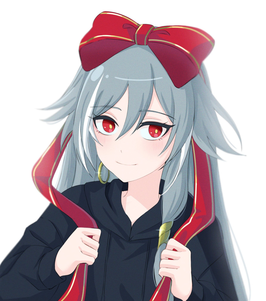 1girl black_shirt closed_mouth eyeliner fu_hua fu_hua_(herrscher_of_sentience) grey_hair hair_between_eyes highres honkai_(series) honkai_impact_3rd long_hair long_sleeves makeup multicolored_hair on_head red_eyeliner red_eyes red_ribbon ribbon shirt simple_background smile solo streaked_hair upper_body white_background white_hair yellow_pupils yuhuria_52