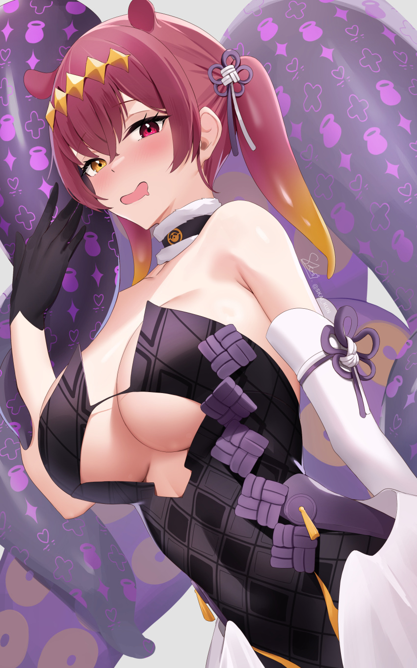 1girl absurdres bare_shoulders black_choker black_gloves black_ribbon blush breasts choker commentary cosplay detached_sleeves english_commentary gloves hair_between_eyes hair_ribbon heterochromia highres hololive houshou_marine large_breasts looking_at_viewer medium_hair ninomae_ina'nis ninomae_ina'nis_(1st_costume) ninomae_ina'nis_(cosplay) open_mouth red_eyes red_hair ribbon skai_kun solo tentacle_hair tentacles twintails virtual_youtuber white_sleeves yellow_eyes