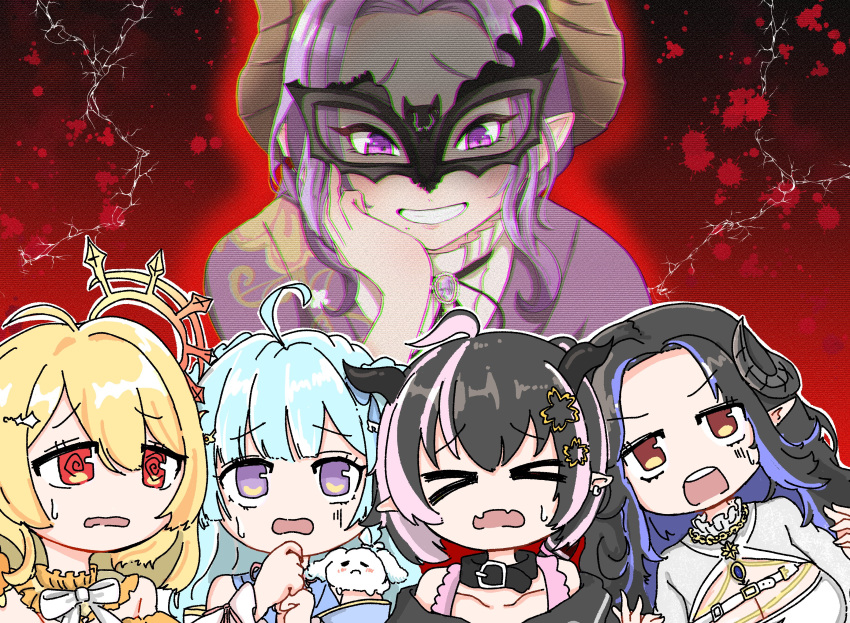 &gt;_&lt; 5girls @_@ absurdres ahoge amaui belt belt_choker black_belt black_hair black_horns blonde_hair blood blood_splatter blue_hair blunt_bangs bow bowtie breasts chromatic_aberration cleavage commentary_request curled_horns demon_girl demon_horns fangs grin hair_intakes halo hand_on_own_cheek hand_on_own_face hebiyoi_tier hebiyoi_tier_(2nd_costume) highres hinata_mashu horns japanese_clothes kimono large_breasts long_hair mask masquerade_mask medium_hair mita_risuto multicolored_hair multiple_girls nanashi_inc. oinomori_may open_mouth orange_halo pink_hair purple_eyes purple_hair purple_kimono saionji_mary scared skin_fangs smile teeth two-tone_hair upper_body upper_teeth_only virtual_youtuber white_bow white_bowtie