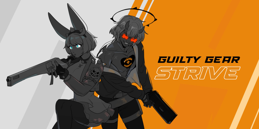 1boy 1girl absurdres blue_eyes breasts commentary counter-strike_(series) counter-strike_2 elphelt_valentine english_commentary fingerless_gloves gloves grin guilty_gear guilty_gear_strive gun halo handgun happy_chaos highres holding holding_gun holding_weapon large_breasts limited_palette parody red-tinted_eyewear rifle short_hair skullworms smile sunglasses thighhighs tinted_eyewear weapon x-shaped_eyewear
