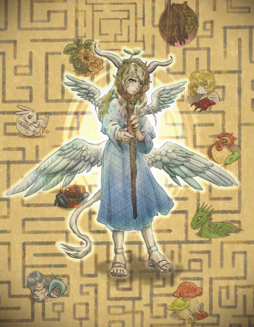 3girls absurdres ambrosia_(dungeon_meshi) animal asymmetrical_arms bat_(animal) bird blonde_hair blue_capelet blue_robe bob_cut capelet chicken chimera demon_girl demon_horns dragon dungeon_meshi elf falin_thorden feathered_wings full_body fusion hair_down hands_up highres holding holding_staff hood hood_down hooded_capelet horns lion_tail long_hair long_sleeves looking_at_viewer mandrake marcille_donato maze mermaid mimic mimic_chest monster_girl multiple_girls multiple_wings nude nvc_3days outstretched_arms pants pointy_ears rabbit robe rooster sandals snake spoilers sprout staff standing tail walking_mushroom_(dungeon_meshi) western_dragon white_pants white_wings winged_lion_(dungeon_meshi) wings