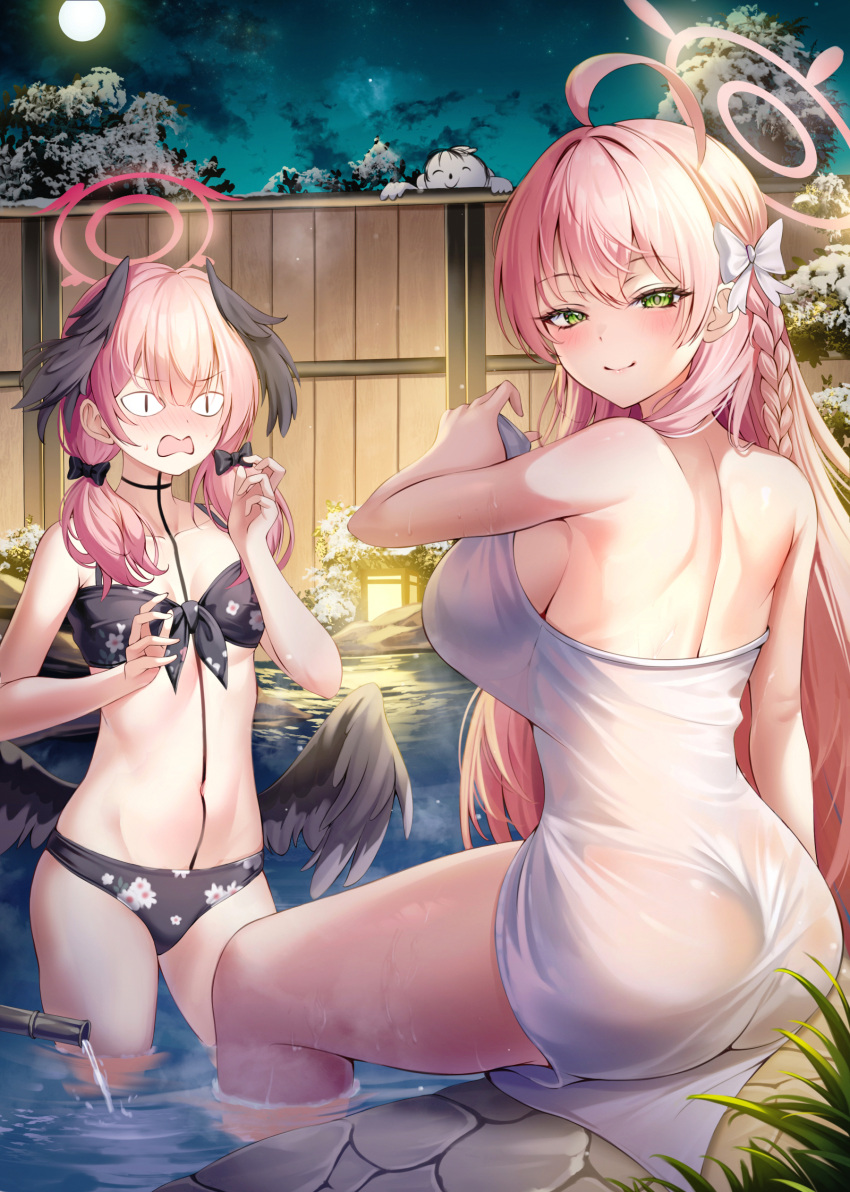 &lt;|&gt;_&lt;|&gt; 1boy 2girls absurdres ahoge bikini black_bikini black_wings blue_archive blush bnari braid breasts closed_mouth doodle_sensei_(blue_archive) feathered_wings floral_print full_moon green_eyes hair_between_eyes halo hanako_(blue_archive) head_wings highres koharu_(blue_archive) koharu_(swimsuit)_(blue_archive) large_breasts long_hair looking_at_viewer moon multiple_girls naked_towel navel night official_alternate_costume onsen open_mouth partially_submerged pink_hair pink_halo print_bikini sensei_(blue_archive) single_braid small_breasts smile swimsuit towel water white_towel wings