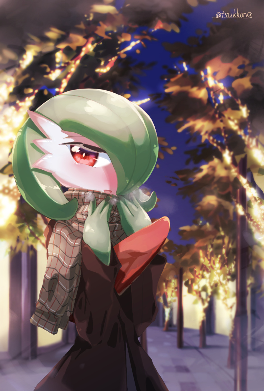 1girl artist_name blurry blurry_background blush bob_cut breath bright_pupils brown_coat brown_scarf christmas_lights coat cold colored_skin commentary_request gardevoir green_hair green_skin hair_over_one_eye half-closed_eyes hands_up happy highres long_sleeves looking_at_viewer multicolored_skin night nose_blush open_mouth outdoors partial_commentary plaid plaid_scarf pokemon pokemon_(creature) red_eyes scarf short_hair signature smile solo standing tsukkon twitter_username two-tone_skin upper_body white_pupils white_skin winter_clothes