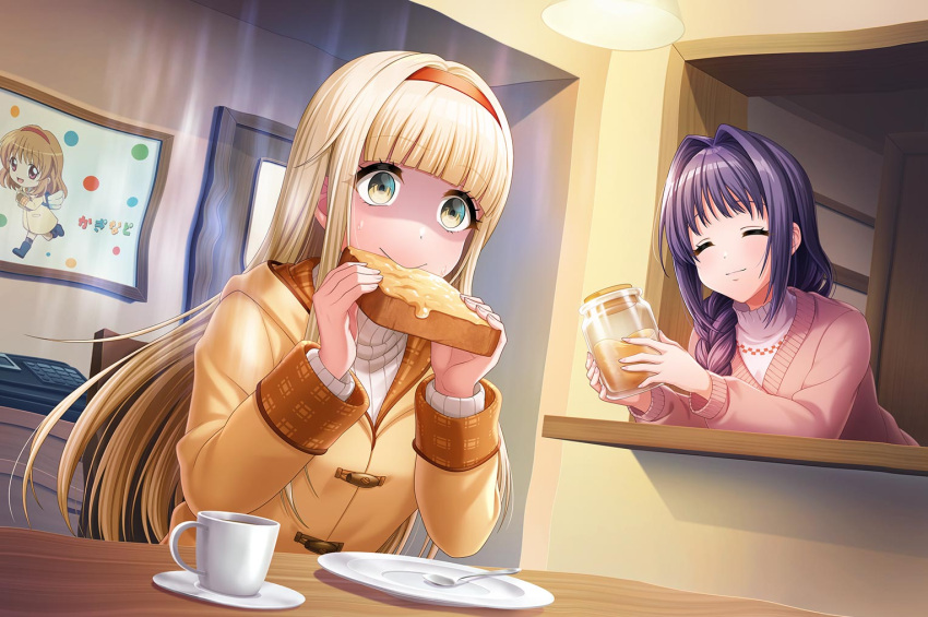 2girls ^_^ artist_request blonde_hair blunt_bangs blush braid braided_ponytail bread bread_slice cardigan character_print chibi chibi_inset closed_eyes closed_mouth coat commentary cosplay crossover d4dj eating eyelashes food food_in_mouth fukushima_noa hair_intakes hairband hands_up holding holding_food holding_jar indoors jam jar kaginado kanon long_hair long_sleeves minase_akiko mouth_hold multiple_girls nervous_sweating official_art pink_cardigan red_hairband scared shaded_face sidelocks smile straight_hair sweat toast toast_in_mouth tsukimiya_ayu tsukimiya_ayu_(cosplay) upper_body very_long_hair wide-eyed yellow_coat