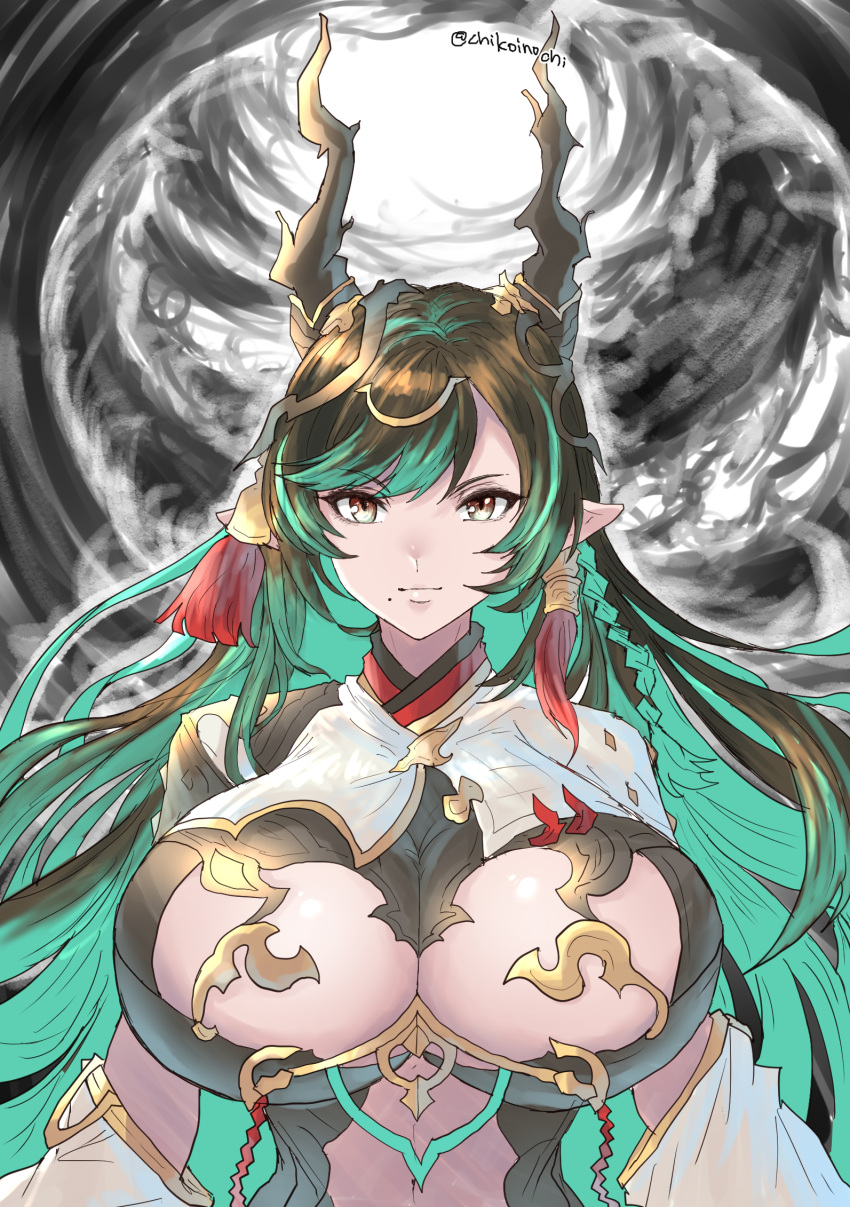 1girl black_hair breast_cutout breasts chikoinochi cleavage cleavage_cutout clothing_cutout cloud colored_inner_hair dark_clouds detached_sleeves dragon_girl dragon_horns draph dress gradient_hair granblue_fantasy green_eyes green_hair hair_ornament highres horn_ornament horns large_breasts leotard long_hair looking_at_viewer mole mole_under_mouth multicolored_eyes multicolored_hair navel_cutout payila_(granblue_fantasy) pelvic_curtain pointy_ears red_eyes see-through see-through_dress solo stomach_cutout tassel tassel_hair_ornament two-tone_eyes two-tone_hair very_long_hair