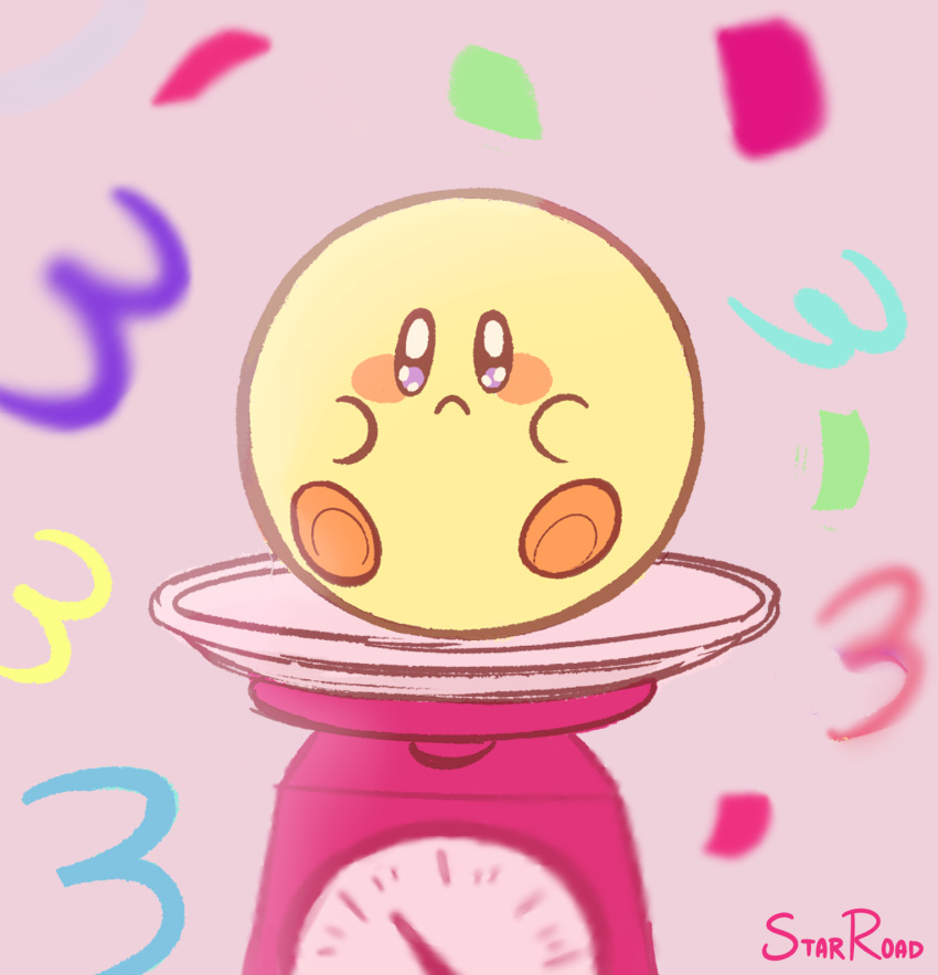 artist_name blush_stickers colored_skin confetti full_body highres kirby kirby's_dream_buffet kirby_(series) no_humans pink_background sad signature solid_oval_eyes solo starroad twitter_username weighing_scale yellow_skin