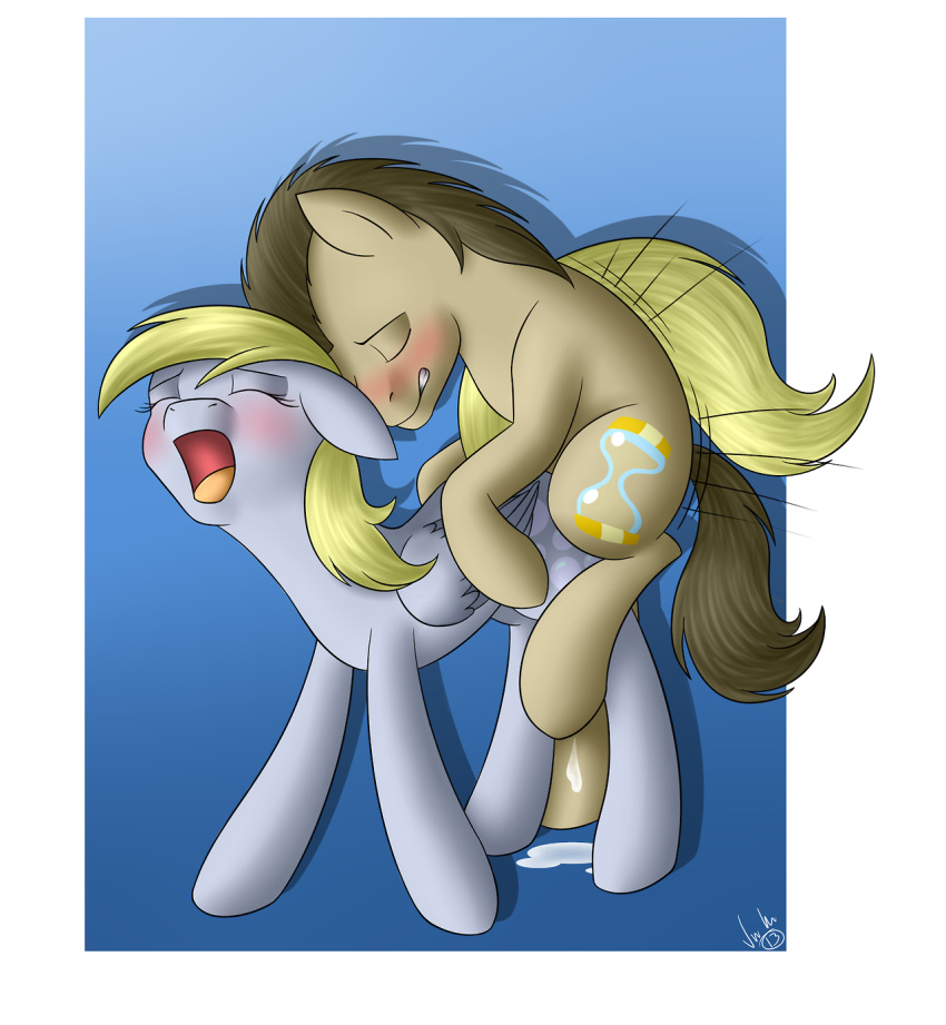 blush derpy_hooves_(mlp) doctor_whooves_(mlp) duo equid equine eyes_closed female friendship_is_magic hasbro hi_res horse itsuko103 looking_pleasured male male/female mammal my_little_pony open_mouth pegasus pony sex wings