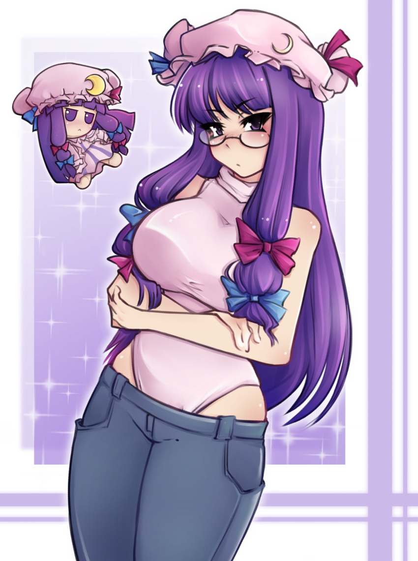 1girl bare_shoulders blue_bow blunt_bangs bow breasts bun_cover crescent crescent_hat_ornament deily denim double_bun fumo_(doll) glasses hair_bow hair_bun hat hat_ornament highres jeans large_breasts leotard leotard_under_clothes long_hair mob_cap pants patchouli_knowledge pink_leotard purple_eyes purple_hair purple_headwear red_bow solo touhou turtleneck very_long_hair