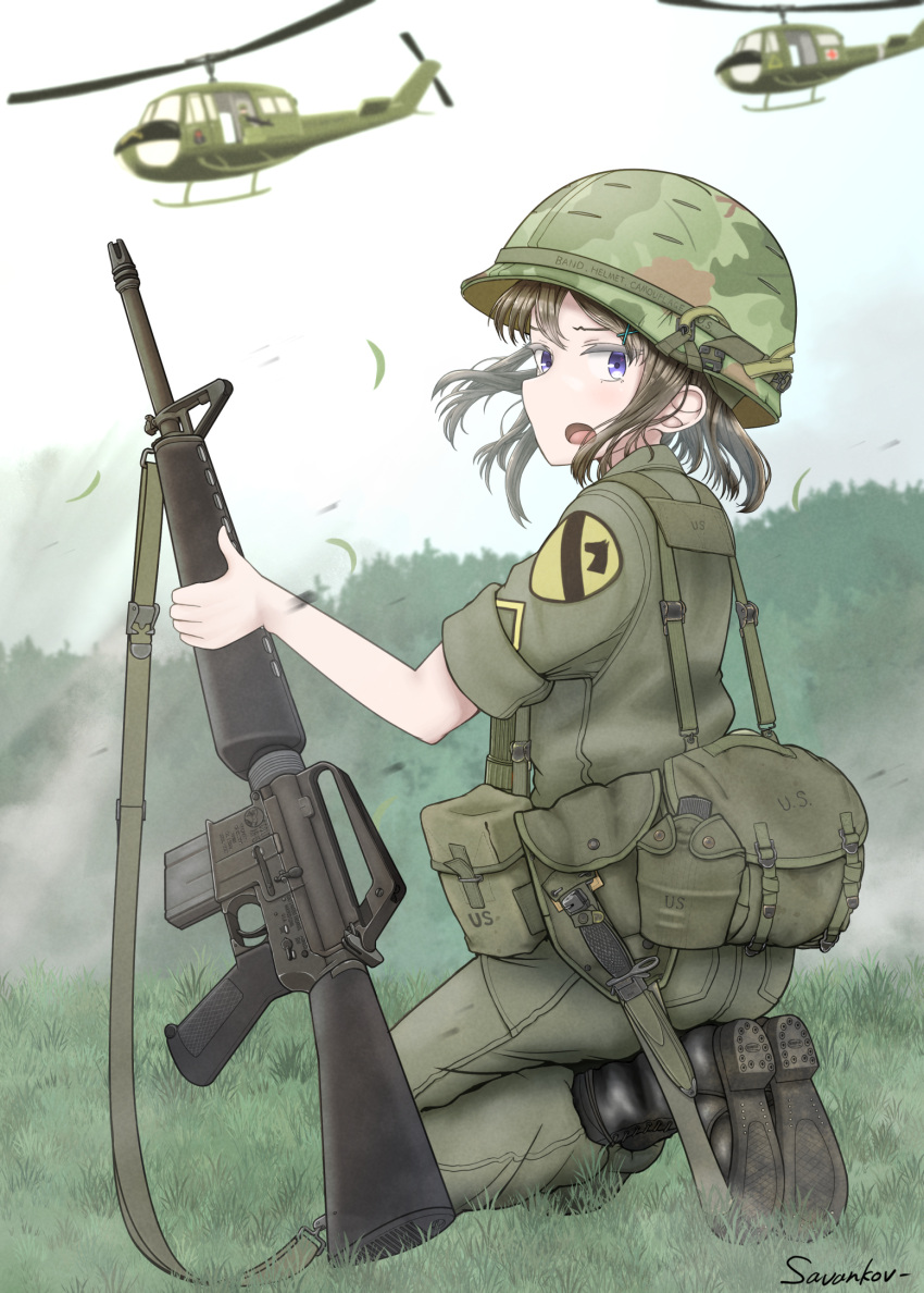 1girl 1st_cavalry_division aircraft ar-15 artist_name black_footwear boots brown_hair camouflage camouflage_headwear canteen combat_helmet full_body grass green_eyes green_jacket gun gun_sling helicopter helmet highres holding holding_weapon jacket kneeling knife knife_sheath load_bearing_vest long_hair looking_at_viewer military military_uniform open_mouth original outdoors pants_tucked_in pouch purple_eyes rifle savankov sheath sleeves_rolled_up solo uh-1_iroquois uniform united_states_army weapon