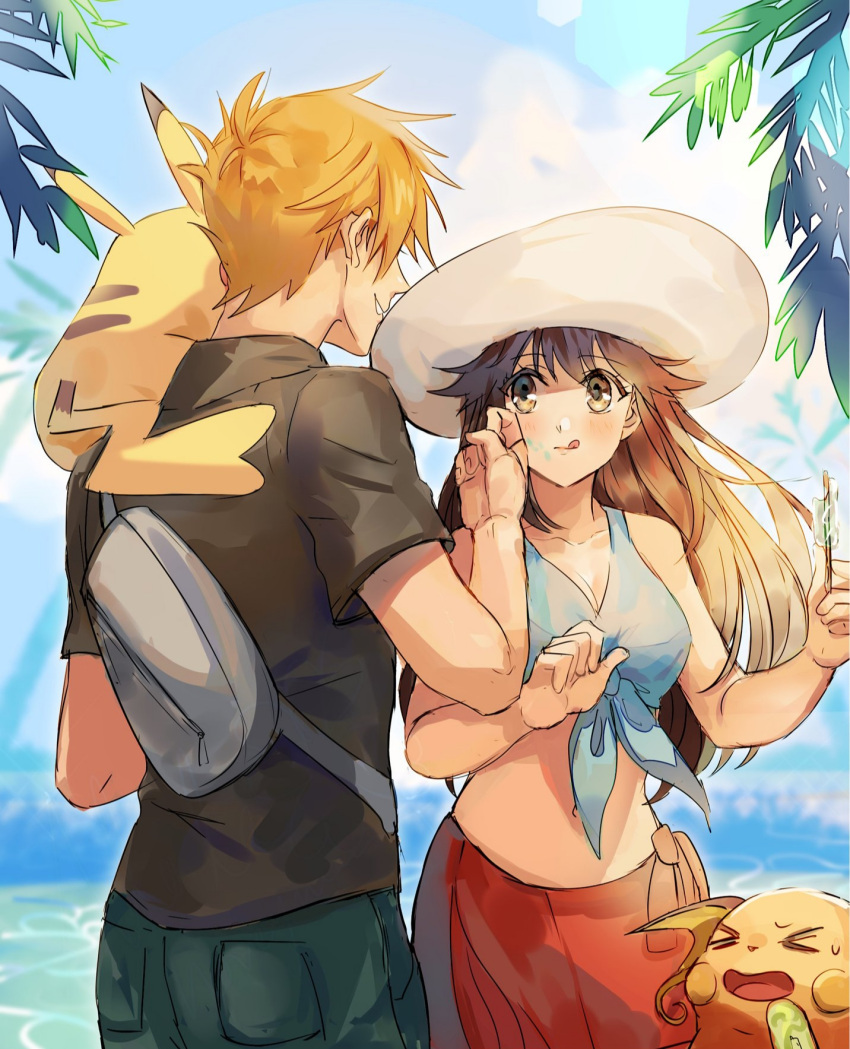 &gt;_&lt; 1boy 1girl :q bangs bare_arms blue_oak blue_shirt blush breasts brown_eyes brown_hair candy cleavage closed_mouth collarbone day eyelashes food food_on_face gen_1_pokemon green_pants hand_up hat highres holding holding_stick kash-phia leaf_(pokemon) lollipop long_hair on_shoulder orange_hair outdoors pants parted_lips pikachu pokemon pokemon_(creature) pokemon_(game) pokemon_on_shoulder pokemon_sm raichu red_skirt shirt short_hair short_sleeves skirt sleeveless sleeveless_shirt smile stick symbol_commentary tied_shirt tongue tongue_out water white_headwear