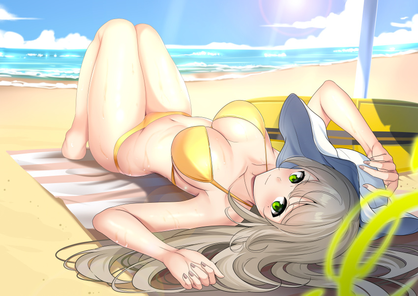1girl absurdres beach bellfud bikini blue_archive blue_sky breasts brown_hair closed_mouth cloud commentary day green_eyes green_halo halo hat highres large_breasts long_hair looking_at_viewer lying navel nonomi_(blue_archive) nonomi_(swimsuit)_(blue_archive) ocean official_alternate_costume on_back outdoors sand sky smile solo sun swimsuit unworn_hat unworn_headwear white_headwear yellow_bikini
