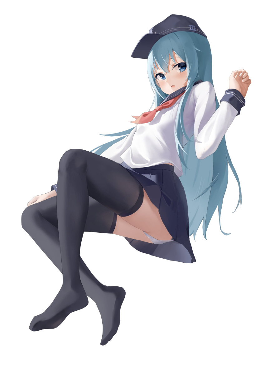 1girl absurdres arm_at_side black_headwear black_thighhighs blue_eyes blue_hair blush cameltoe chinese_commentary commentary_request feet fengxue from_below full_body hair_between_eyes hat hibiki_(kancolle) highres kantai_collection knees_up legs long_hair long_sleeves looking_at_viewer miniskirt neckerchief no_shoes open_mouth panties pantyshot peaked_cap pleated_skirt red_neckerchief sailor_collar school_uniform serafuku shirt sidelocks simple_background sitting skirt soles solo thighhighs thighs underwear very_long_hair white_background white_panties white_shirt zettai_ryouiki