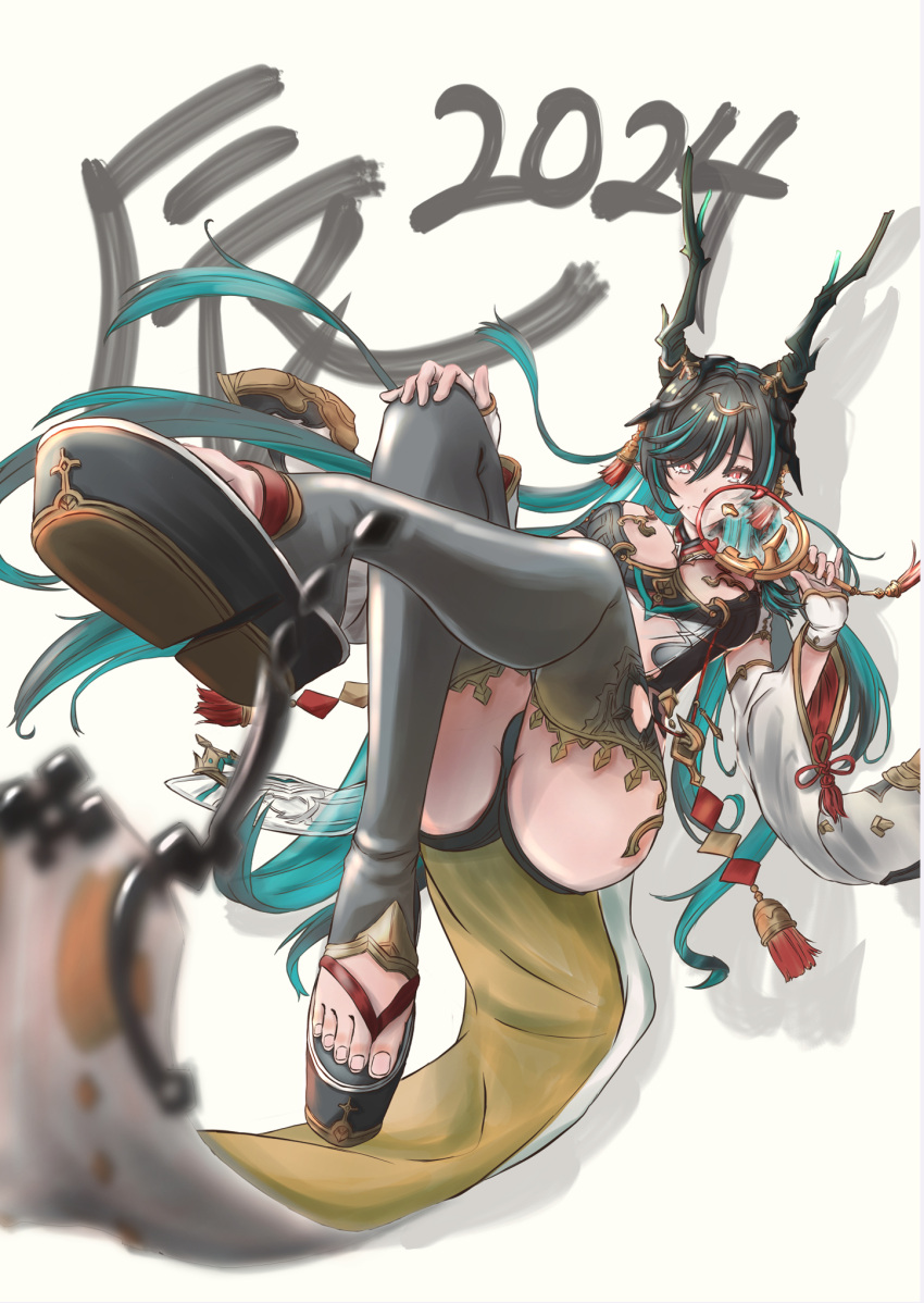 1girl 2024 black_hair breast_cutout breasts chih@ya cleavage cleavage_cutout clothing_cutout colored_inner_hair detached_sleeves dragon_girl dragon_horns draph dress feet fingerless_gloves foot_focus gloves gradient_hair granblue_fantasy green_eyes green_hair hair_ornament highres horn_ornament horns large_breasts leg_focus leotard long_hair mole mole_under_mouth multicolored_eyes multicolored_hair navel_cutout okobo payila_(granblue_fantasy) platform_footwear pointy_ears red_eyes sandals see-through see-through_dress solo stirrup_legwear stomach_cutout tassel tassel_hair_ornament toeless_legwear tuanshan two-tone_eyes two-tone_hair very_long_hair white_background white_gloves