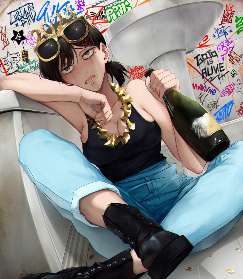 1girl 2024 bathroom black_footwear black_hair black_tank_top blue_pants boots bottle breasts brown_eyes casual chainsaw_man champagne_bottle cleavage commentary denim drunk empty_eyes english_commentary flower flower_necklace graffiti higashiyama_kobeni highres holding holding_bottle inkspirate jeans lei medium_breasts medium_hair multiple_moles new_year novelty_glasses on_floor pants runny_makeup sitting solo tank_top tile_wall tiles yellow-framed_eyewear