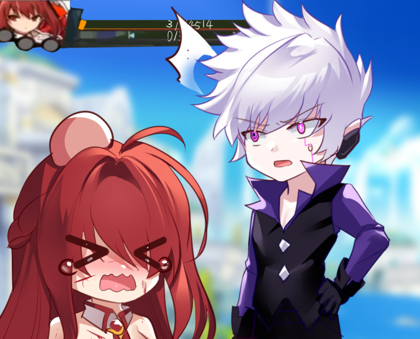 &gt;_&lt; 1boy 1girl add_(elsword) bare_shoulders been black_gloves chibi detached_collar elesis_(elsword) elsword gameplay_mechanics gloves long_hair purple_eyes purple_shirt red_hair shirt short_hair white_hair