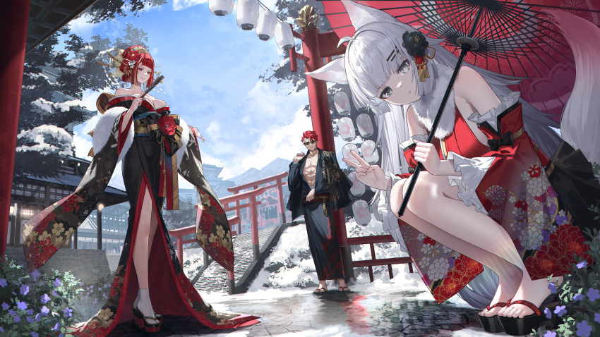 1boy 2girls absurdres breasts cc_xiaotintin cleavage heterochromia highres japanese_clothes kimono multiple_girls no.21_(punishing:_gray_raven) noctis_(punishing:_gray_raven) punishing:_gray_raven red_eyes red_hair sandals squatting sunglasses tagme toned toned_male umbrella vera_(punishing:_gray_raven) white_hair