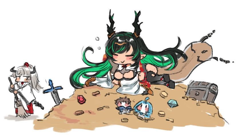 1boy 3girls :&gt; binik_ex black_gloves black_hair blush breast_cutout breasts chibi cleavage cleavage_cutout clothing_cutout coin colored_inner_hair detached_sleeves dragon_girl dragon_horns draph dress gem gloves gold gradient_hair gran_(granblue_fantasy) granblue_fantasy green_eyes green_hair hair_ornament highres horn_ornament horns large_breasts leotard long_hair looking_at_viewer lyria_(granblue_fantasy) mole mole_under_mouth multicolored_eyes multicolored_hair multiple_girls okobo payila_(granblue_fantasy) pelvic_curtain platform_footwear pointy_ears red_eyes sandals see-through see-through_dress sleeping stomach_cutout sword treasure_chest two-tone_eyes two-tone_hair very_long_hair weapon