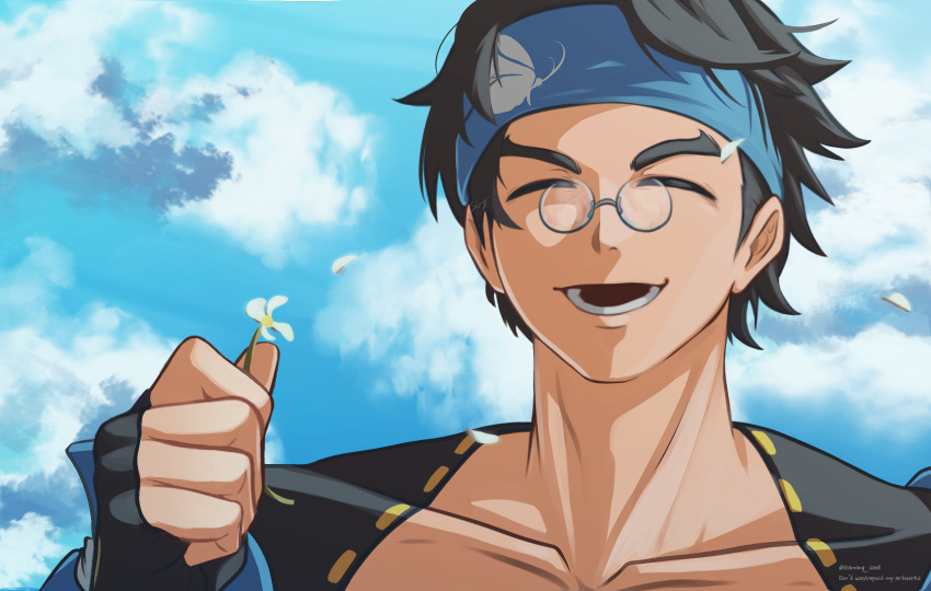 1boy black_hair blue_headband cloud cloudy_sky collarbone day fingerless_gloves flower gamang_sae8 gloves guilty_gear guilty_gear_strive headband highres holding holding_flower looking_at_viewer male_focus mito_anji open_mouth outdoors petals pince-nez short_hair sky smile upper_body white_flower