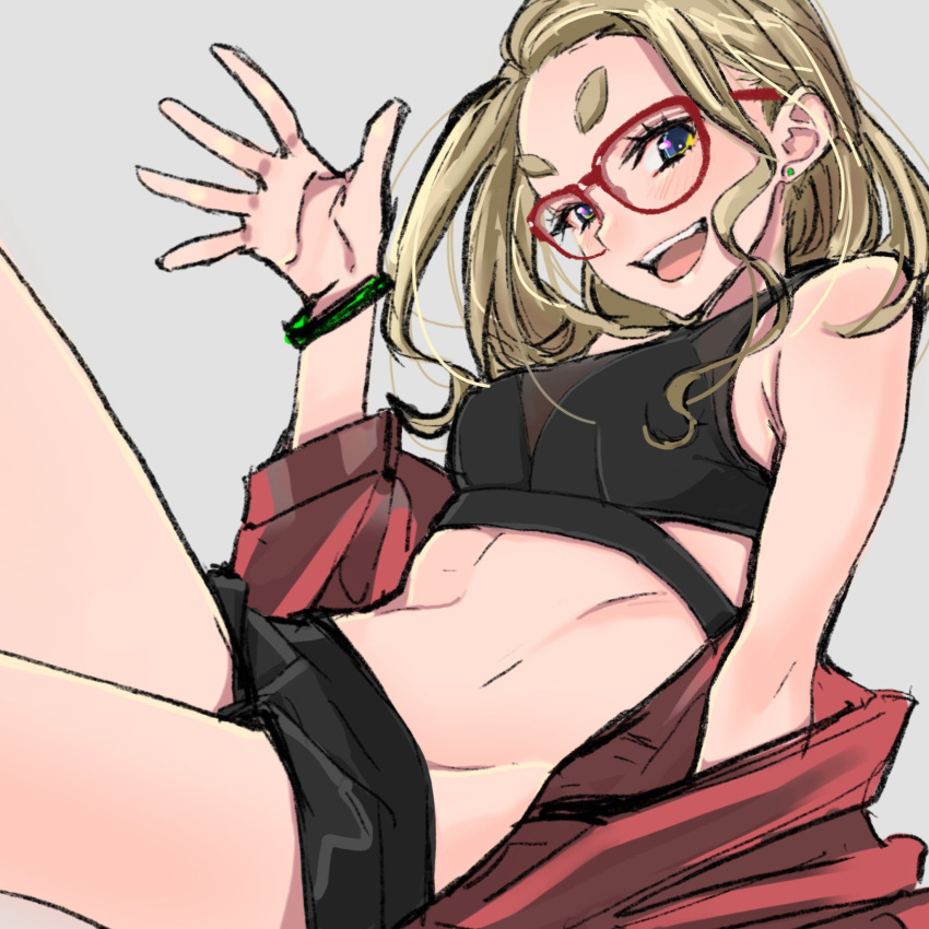 1girl bare_shoulders black_shirt black_shorts blonde_hair blue_eyes blush bracelet breasts clothes_down commentary_request crop_top dekomegane earrings glasses grey_background highres jacket jewelry long_hair looking_at_viewer micro_shorts navel open_mouth original red-framed_eyewear red_jacket sasetsu shirt shorts simple_background sketch small_breasts smile solo stud_earrings thick_eyebrows waving