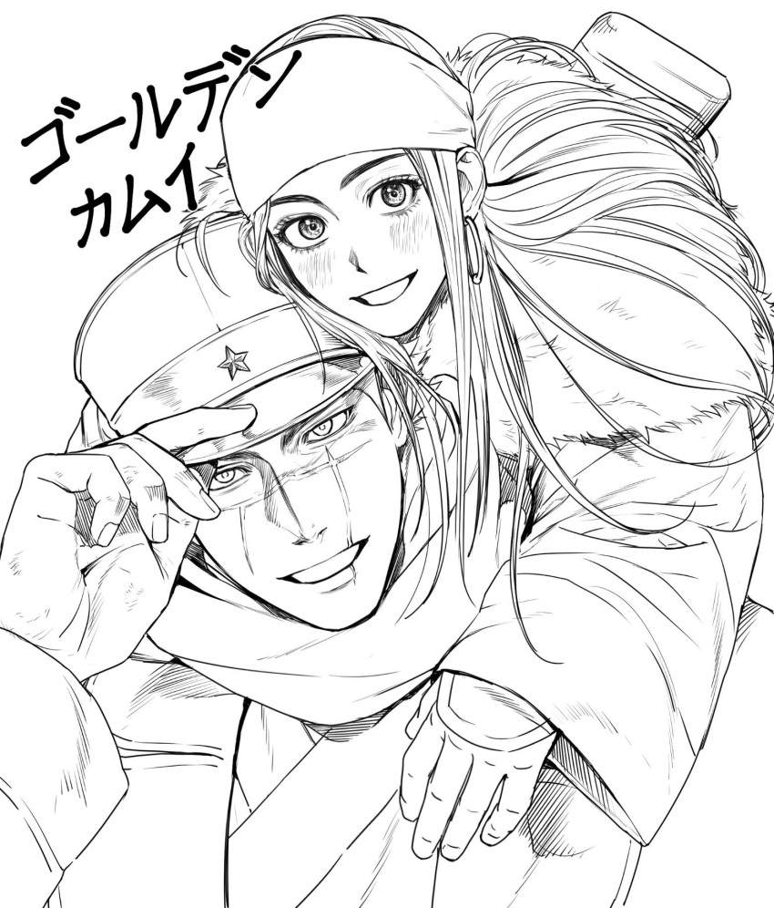 1boy 1girl ainu_clothes asirpa blush earrings gimgyeon_(dog_0987) golden_kamuy greyscale happy hat highres hoop_earrings imperial_japanese_army jewelry kepi large_hands long_hair long_sleeves military_hat monochrome scar scar_on_cheek scar_on_face scar_on_mouth scar_on_nose short_hair smile spiked_hair sugimoto_saichi translation_request upper_body