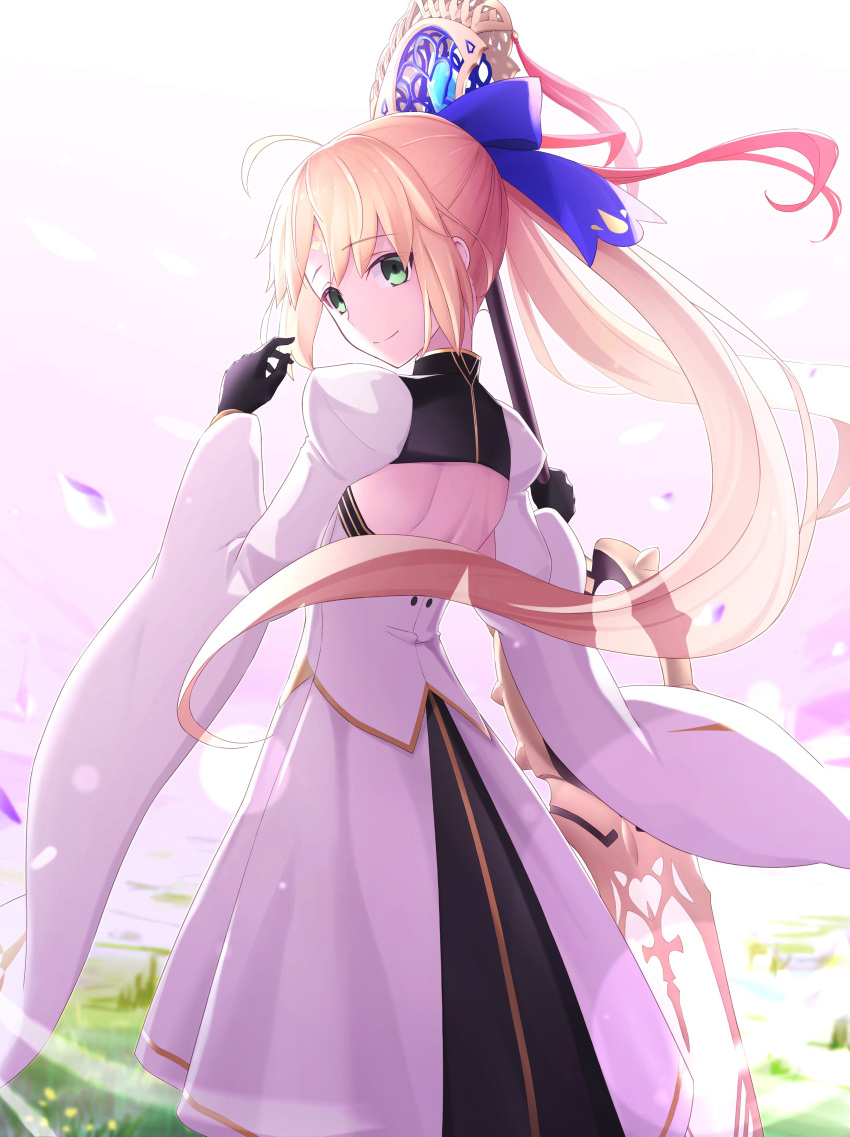 1girl absurdres ahoge artoria_caster_(fate) artoria_caster_(third_ascension)_(fate) artoria_pendragon_(fate) back black_gloves blonde_hair bow breasts dress facial_mark fate/grand_order fate_(series) forehead_mark gloves gradient_sky green_eyes hair_bow highres long_hair long_sleeves looking_at_viewer looking_back marmyadose_(fate) petals pink_sky polearm sky small_breasts smile solo twintails weapon white_dress wide_sleeves yuniyuni