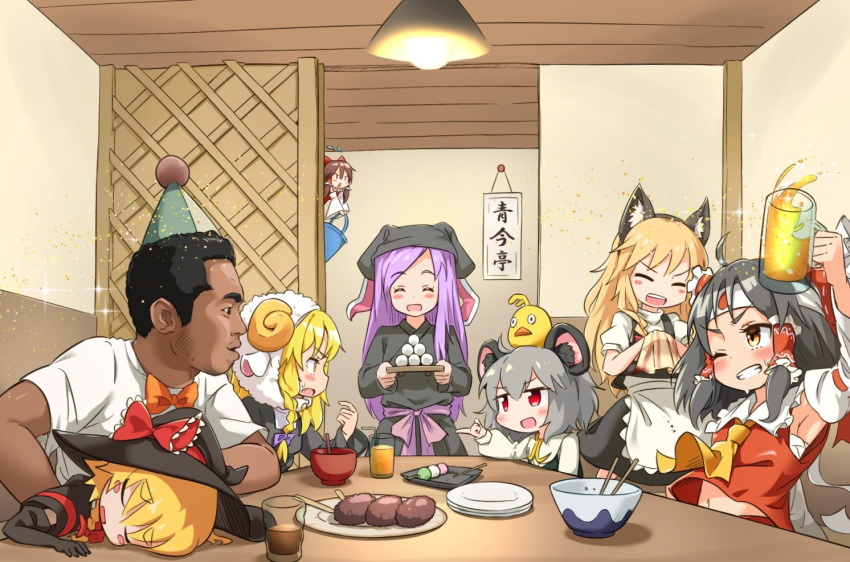 1boy 6+girls ahoge alcohol animal_ears animal_hood apron ascot beer beer_mug berazasu black_eyes black_hair black_headwear black_kimono black_skirt black_vest blonde_hair blush bow bowl chopsticks closed_eyes closed_mouth commentary_request cookie_(touhou) cup dango dark-skinned_male dark_skin detached_sleeves fake_animal_ears flat_chest food fox_ears frilled_hair_tubes frills green_headwear grey_hair grin hair_bow hair_tubes hakurei_reimu hat hat_bow head_scarf headband hisui_(cookie) hood indoors japanese_clothes kimono kirisame_marisa lamp long_hair manatsu_no_yo_no_inmu meguru_(cookie) mini_person minigirl mochi mouse_ears mouse_girl mug multiple_girls nazrin nyon_(cookie) one_eye_closed open_mouth orange_juice party party_hat purple_bow purple_hair rabbit_ears red_bow red_eyes rei_(cookie) reisen_udongein_inaba rice_bowl sakenomi_(cookie) sananana_(cookie) sanshoku_dango sheep_hood short_hair skirt skirt_set smile suzu_(cookie) touhou upper_body vest wagashi waist_apron white_apron white_headband white_sleeves witch_hat yajuu_senpai yellow_ascot yellow_eyes