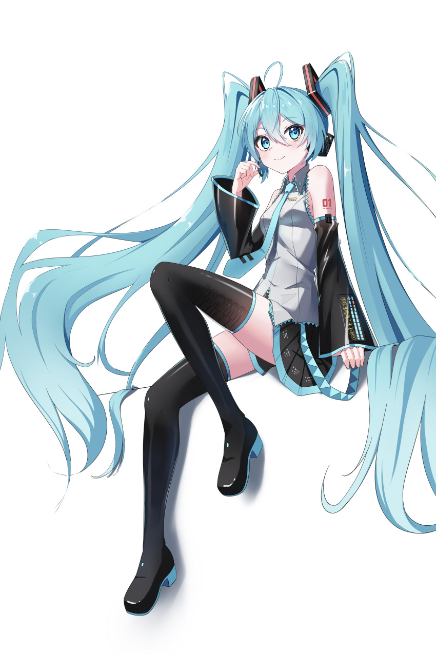 1girl absurdres ahoge arm_tattoo black_footwear black_skirt black_sleeves blue_eyes blue_hair blue_necktie blue_trim boots breasts collared_shirt commentary detached_sleeves english_commentary floating_hair full_body grey_shirt hair_between_eyes hair_ornament hatsune_miku headphones headset highres long_hair long_sleeves microphone miniskirt necktie number_tattoo pleated_skirt procrastinator39 shirt simple_background sitting skirt sleeveless sleeveless_shirt small_breasts solo tattoo thigh_boots twintails very_long_hair vocaloid white_background wing_collar zettai_ryouiki