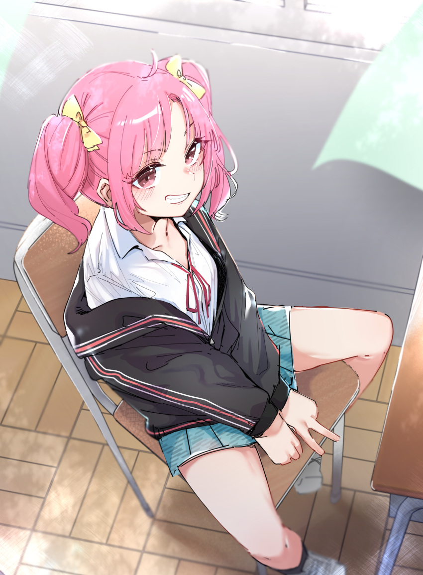 1girl absurdres achikita_chinami aqua_skirt black_jacket blue_skirt bow chair clenched_teeth commentary_request from_above hair_bow highres jacket long_sleeves looking_at_viewer nijisanji on_chair pink_eyes school_uniform shirt sitting skirt smile solo table teeth twintails utsusumi_kio virtual_youtuber white_shirt yellow_bow