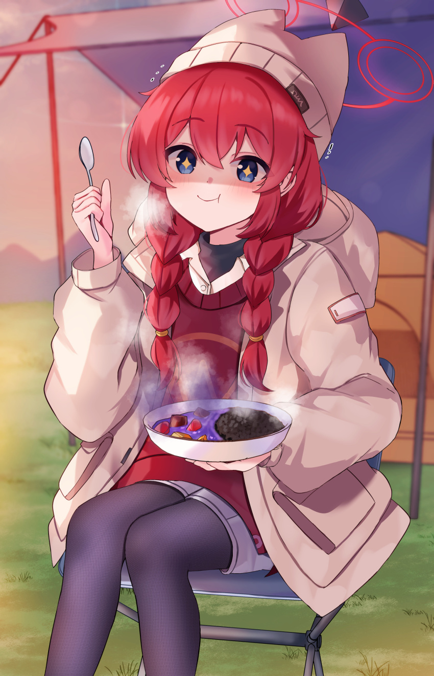 +_+ 1girl bad_food beanie black_pantyhose blue_archive blue_eyes blush braid brown_shirt closed_mouth collared_shirt feet_out_of_frame grey_headwear grey_jacket halo hat highres holding holding_spoon jacket long_hair long_sleeves maki_(blue_archive) maki_(camp)_(blue_archive) mi_taro333 official_alternate_costume official_alternate_hairstyle open_clothes open_jacket pantyhose red_hair red_halo shaded_face shirt sitting solo spoon tent twin_braids white_shirt