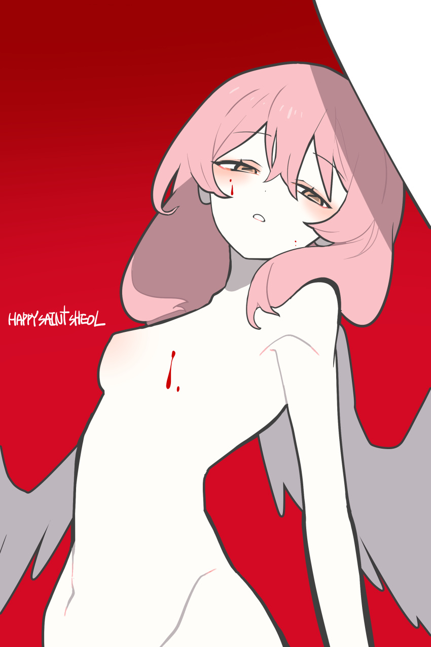 122pxsheol 1girl :o absurdres angel_wings blood blood_on_cheek blood_on_chest closing_eyes colored_skin completely_nude happy_saint_sheol highres horizontal_pupils light_blush looking_down maya_elbeth medium_hair nude official_art orange_eyes pink_hair red_background solo upper_body white_skin wings