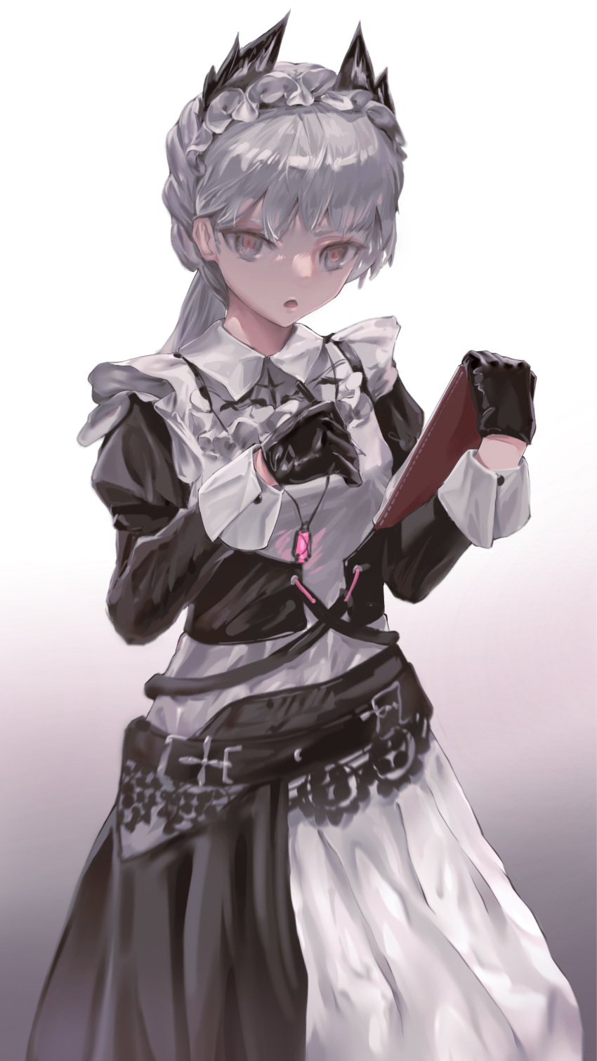 1girl absurdres arknights black_dress black_gloves clipboard cowboy_shot dress gloves gradient_background grey_background grey_eyes grey_hair head_wings highres holding holding_clipboard irene_(arknights) irene_(voyage_of_feathers)_(arknights) jewelry long_hair long_sleeves looking_at_viewer maid necklace official_alternate_costume simple_background slox solo two-tone_dress white_dress wings