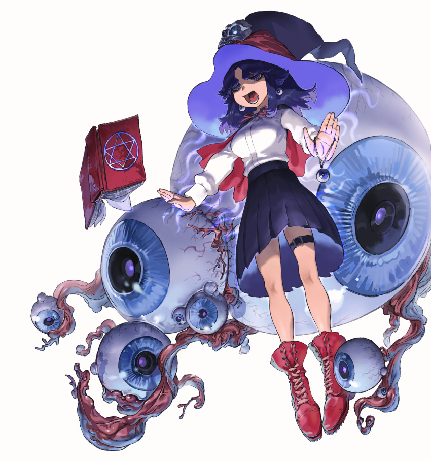 1girl absurdres aura belt blue_eyes book boots breasts capelet eyeball floating floating_book floating_object full_body hat hat_ornament hexagram highres leg_belt level-00 long_sleeves lower_teeth_only medium_breasts medium_hair miniskirt open_book open_mouth original pleated_skirt puffy_long_sleeves puffy_sleeves purple_belt purple_eyes purple_hair purple_headwear purple_skirt red_footwear red_ribbon ribbon school_uniform shirt simple_background skirt skull_hat_ornament solo teeth white_background white_shirt witch_hat