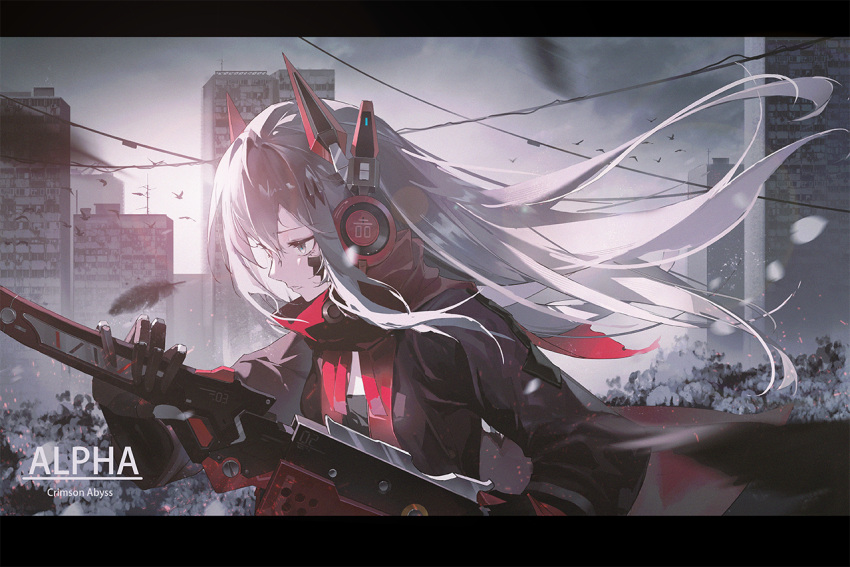 1girl alpha_(punishing:_gray_raven) bandaid bandaid_on_cheek bandaid_on_face black_jacket character_name cityscape grey_eyes grey_hair hair_ornament headgear headphones heterochromia holding holding_sword holding_weapon jacket katana long_sleeves lucia:_crimson_abyss_(punishing:_gray_raven) lxc mechanical_arms punishing:_gray_raven red_eyes red_scarf scarf sheath solo sword unsheathing weapon