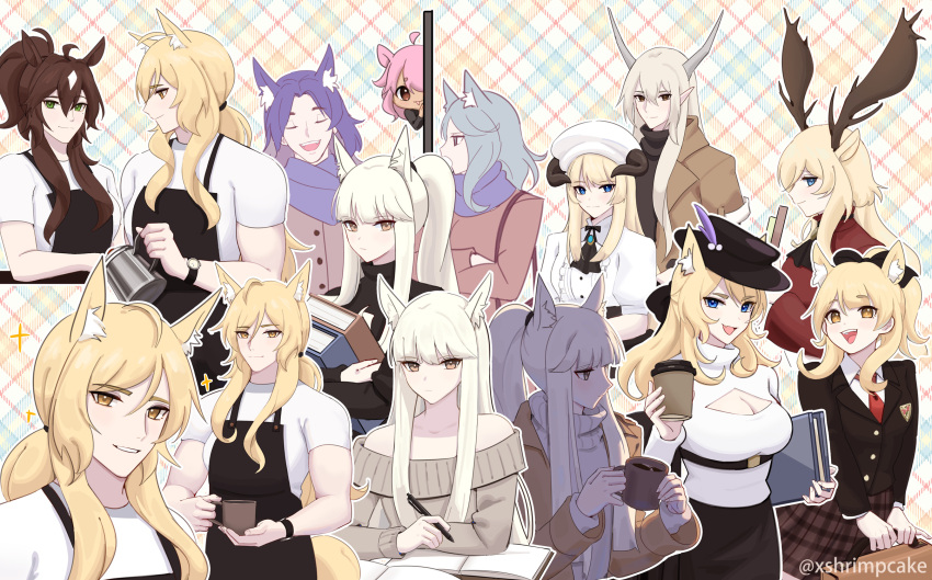 1boy 6+girls :d alternate_costume arknights ascot bare_shoulders beret black_ascot black_jacket blemishine_(arknights) blonde_hair blue_hair blue_scarf book breasts brooch brown_eyes brown_skirt cleavage cleavage_cutout closed_eyes clothing_cutout commentary gravel_(arknights) grey_sweater hat highres holding holding_book horns jacket jewelry long_hair long_sleeves looking_at_another looking_at_viewer medium_breasts medium_hair meteor_(arknights) monique_(arknights) multiple_girls multiple_views nearl_(arknights) nightingale_(arknights) off-shoulder_sweater off_shoulder pink_hair plaid plaid_skirt platinum_(arknights) redrawn roy_(arknights) scarf shining_(arknights) shirt skirt smile supershrimpcakes sweater turtleneck very_long_hair viviana_(arknights) whislash_(arknights) white_headwear white_shirt yellow_eyes