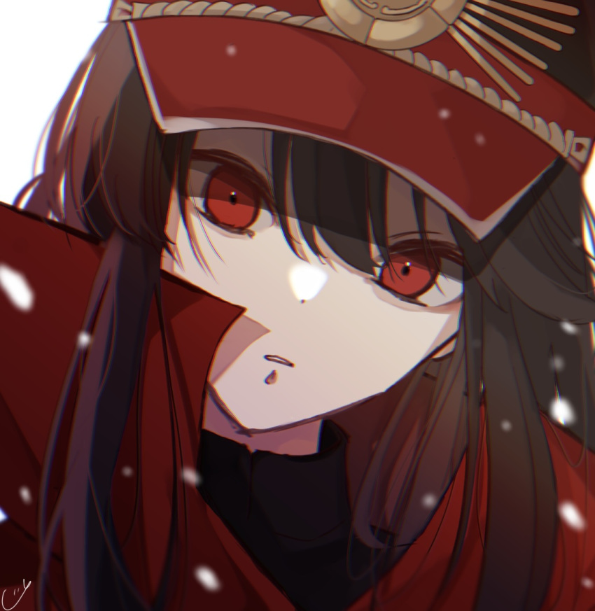 1girl black_hair cape collared_cape family_crest fate/grand_order fate_(series) hair_between_eyes hat head_tilt looking_at_viewer military_hat oda_nobunaga_(fate) oda_uri parted_lips peaked_cap portrait red_cape red_eyes rubiumu sidelocks simple_background solo white_background