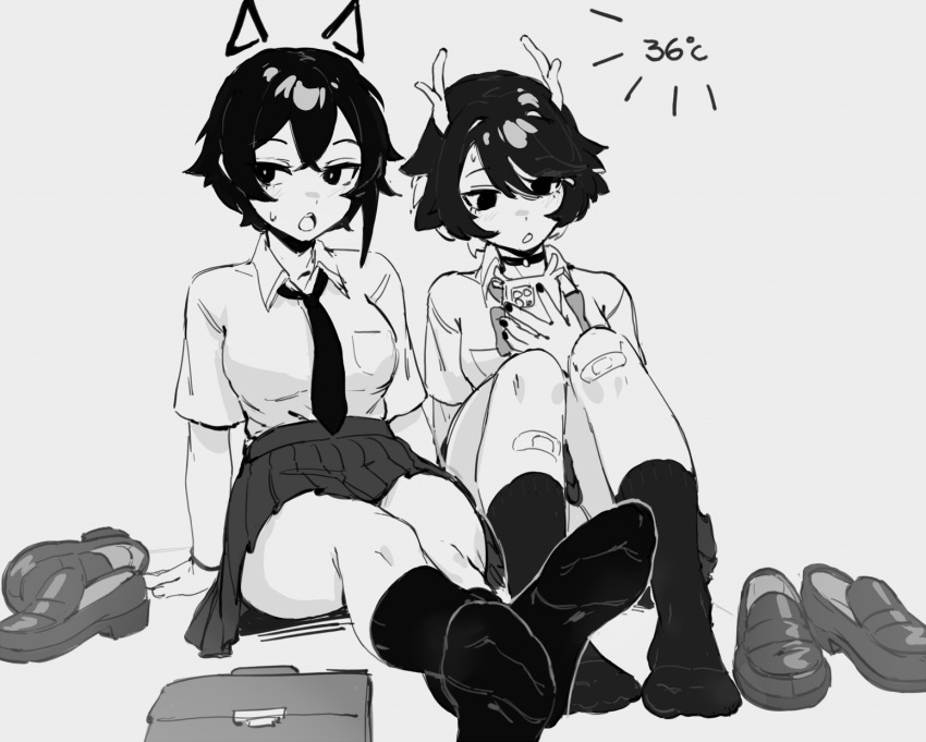 2girls antlers bag bandaid bandaid_on_knee bandaid_on_leg black_socks blush bow bowtie breasts cellphone choker collared_shirt commentary crossed_ankles crossed_bangs double-parted_bangs english_commentary feet full_body greyscale hand_up highres k-rha's knees_up large_breasts legs loafers looking_at_viewer looking_down medium_breasts miniskirt monochrome multiple_girls nail_polish necktie no_shoes o-ring o-ring_choker on_ground open_mouth original phone pleated_skirt school_bag school_uniform shirt shoes short_hair simple_background sitting skirt smartphone socks soles sweatdrop swept_bangs teeth toes unworn_shoes upper_teeth_only