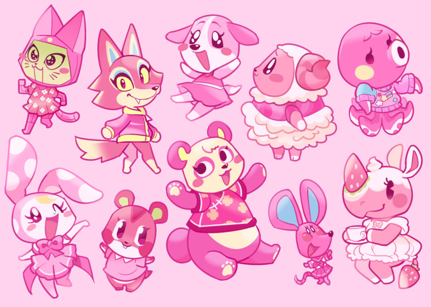 1boy 6+girls animal_crossing animal_ears apple_(animal_crossing) bear bear_girl black_eyes blush blush_stickers bow bright_pupils candi_(animal_crossing) cat cat_girl chrissy_(animal_crossing) colored_sclera cookie_(animal_crossing) cream dog dog_girl dom_(animal_crossing) dress eyelashes facial_mark floral_print food freya_(animal_crossing) fruit furry furry_female furry_male hamster highres jacket limited_palette loveycloud marina_(animal_crossing) meow_(animal_crossing) merengue_(animal_crossing) monster_girl mouse mouse_girl multiple_girls octopus open_mouth pawpads pink_background pink_bow pink_ribbon pinky_(animal_crossing) rabbit rabbit_girl rhinoceros rhinoceros_girl ribbon scarf scylla sheep sheep_girl shirt simple_background strawberry sweater tail tooth whisker_markings white_pupils wolf wolf_girl