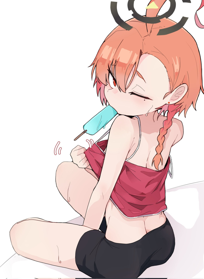 1girl ahoge black_shorts blue_archive braid camisole food hair_between_eyes halo highres huge_ahoge mole mole_under_eye motion_lines mouth_hold neru_(blue_archive) one_eye_closed pearlgang_e popsicle red_camisole red_eyes red_hair short_hair shorts simple_background single_braid sitting solo sweat white_background